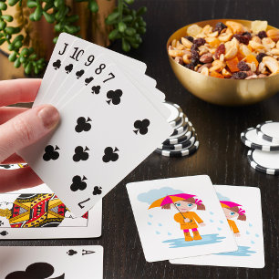 Flicka med paraply i regn Barn Regnig dag Casinokort