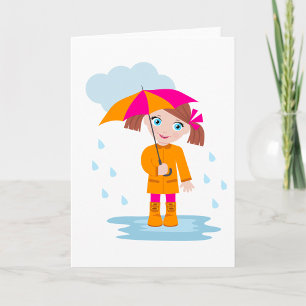 Flicka med paraply i regn Barn Regnig dag Kort