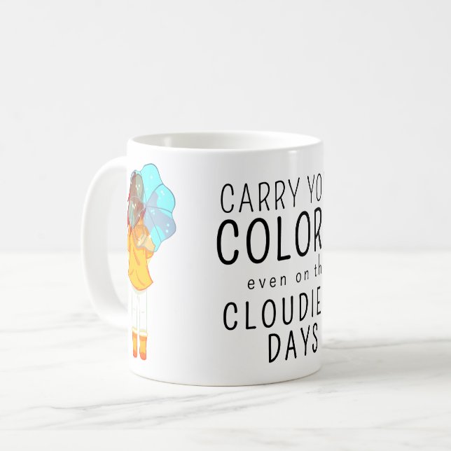 Flicka med paraply i vinden Positivt citat Kaffemugg (Framsida vänster)