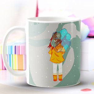 Flicka med paraply i vinden ritar grön virvel kaffemugg