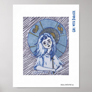 Flicka med Parasol, blå bläck porträtt på vitt pap Poster