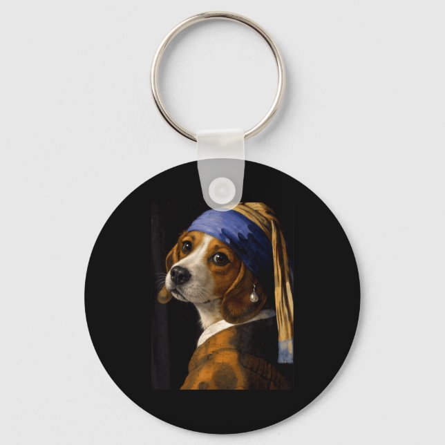 Flicka med pärlörhänge beagle rolig hund meme  nyckelring (Framsida)