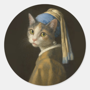 Flicka med pärlörhänge Katt Runt Klistermärke