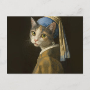 Flicka med pärlörhänge Katt Vykort