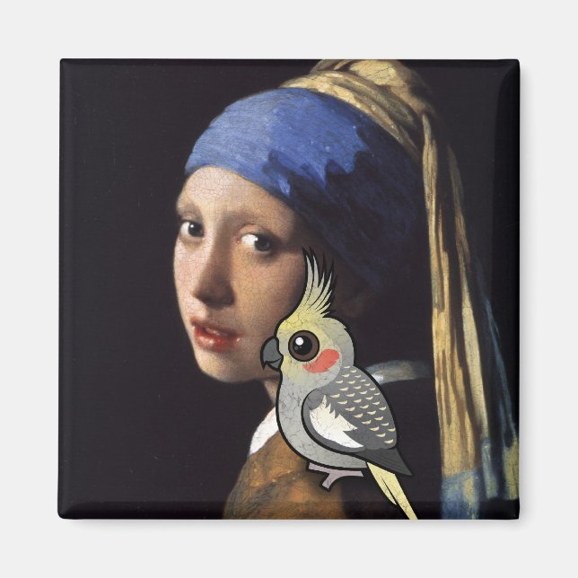 Flicka med Pearl Cockatiel Magnet (Framsidan)