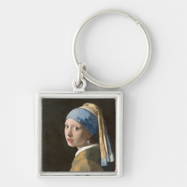Flicka med Pearl Earring-Johannes Vermeer Art Fyrkantig Silverfärgad Nyckelring (Framsidan)