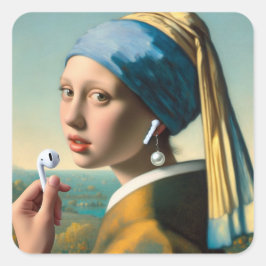 Flicka med Pearl Earring med hörlurar Fyrkantigt Klistermärke