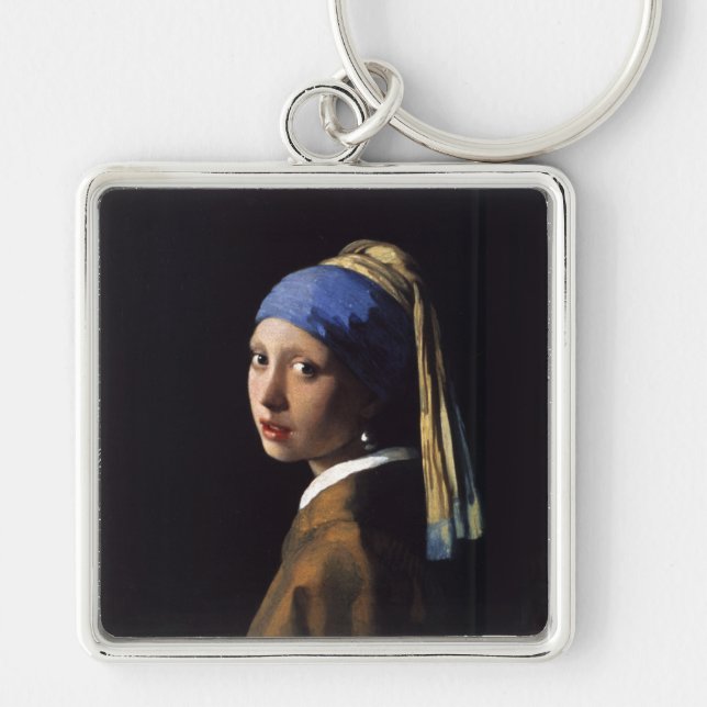 Flicka med Pearl Earring Painting by Vermeer Fyrkantig Silverfärgad Nyckelring (Framsidan)