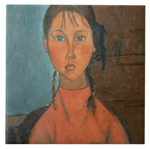 Flicka med Pigtails, c.1918 (olja på kanfas) Kakelplatta
