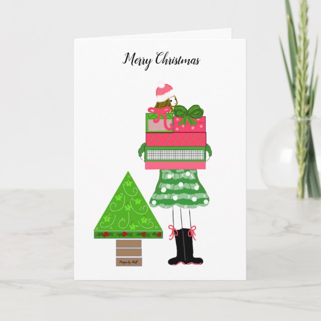 Flicka med presenter och träd kort (Framsida)