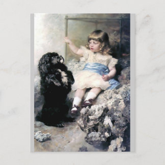 Flicka med Pudel Hund Pet-målning Vykort