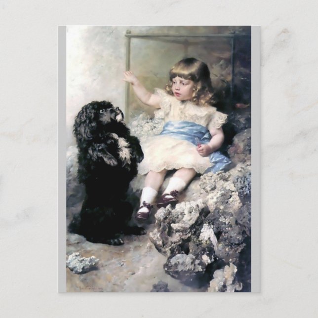 Flicka med Pudel Hund Pet-målning Vykort (Framsida)