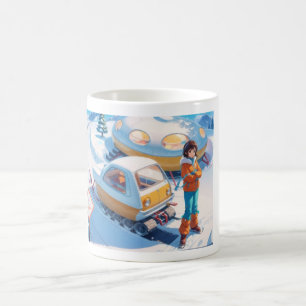 Flicka med retro-snömobilen kaffemugg