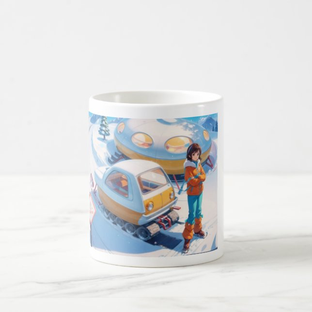 Flicka med retro-snömobilen kaffemugg (Center)