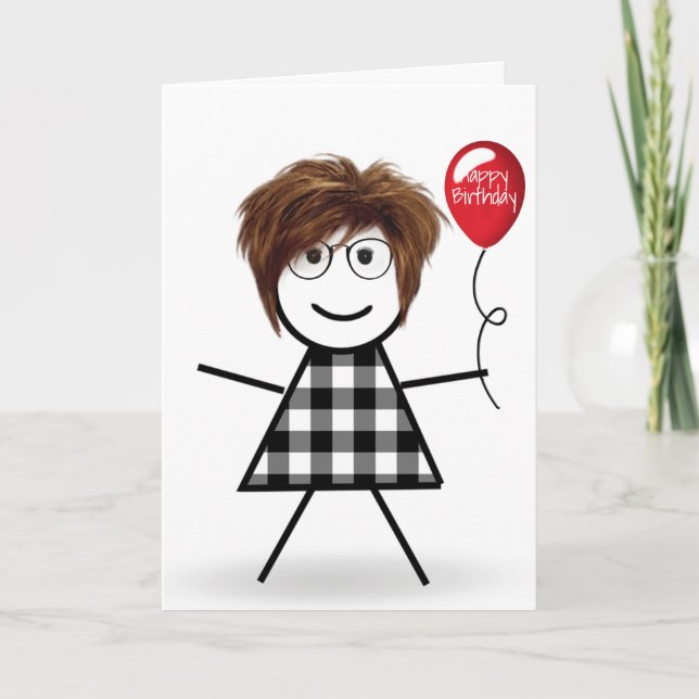 Flicka med röd ballong på födelsedagen kort (Framsida)