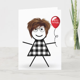 Flicka med röd ballong på födelsedagen kort