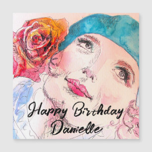 Flicka med Röd ros Beret Watercolor Birthday