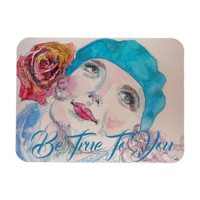 Flicka med Röd ros Beret Watercolor Birthday Magnet (Horisontell)