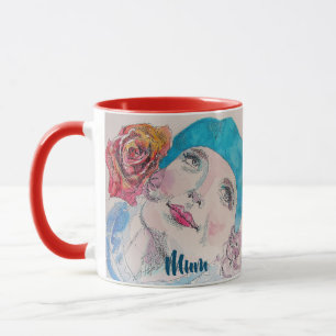 Flicka med Röd ros Beret Watercolor Blommigt Flowe Mugg