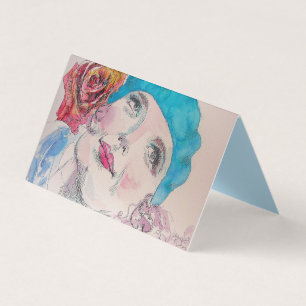 Flicka med Röd ros Beret Watercolor Card-uppsättni Kort