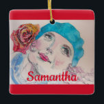 Flicka med Röd ros Beret Watercolor Girls Namn Julgransprydnad Keramik<br><div class="desc">Flickan med Röd ros Beret Watercolor Girls Namn Julgran Ornament,  med anpassade namn. En mycket vacker gåva till vem du än är kärlek. Designat skrivet och målat av mig från en av mina ursprungliga vattenfärgspresentationer.</div>