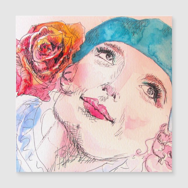 Flicka med Röd ros Beret Watercolor Magnetic Card (Framsida)