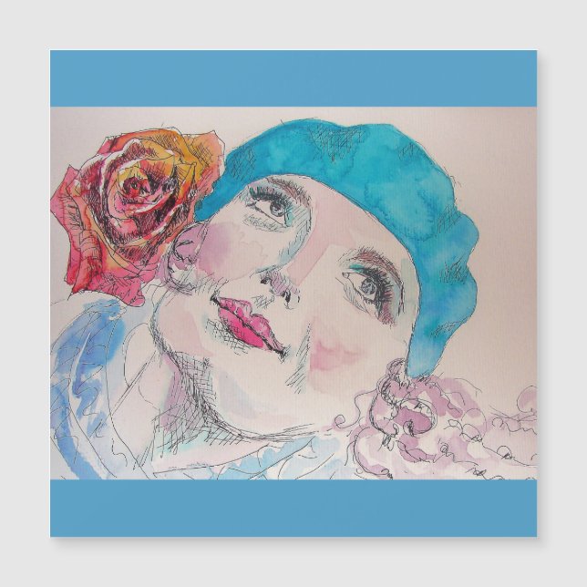 Flicka med Röd ros Beret Watercolor Magnetic Card (Framsida)