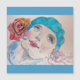 Flicka med Röd ros Beret Watercolor Magnetic Card