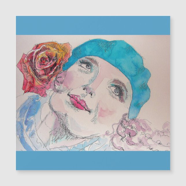 Flicka med Röd ros Beret Watercolor Magnetic Card (Framsida)