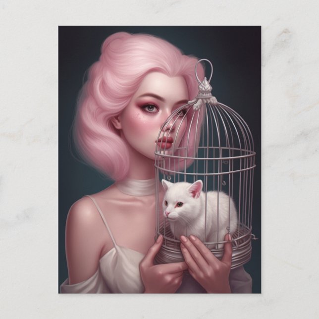 Flicka med Rosa Hair White Cat i Birdcage Vykort (Framsida)