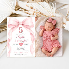 Flicka med rosa rosett 5-års födelsedagsfoto inbjudningar