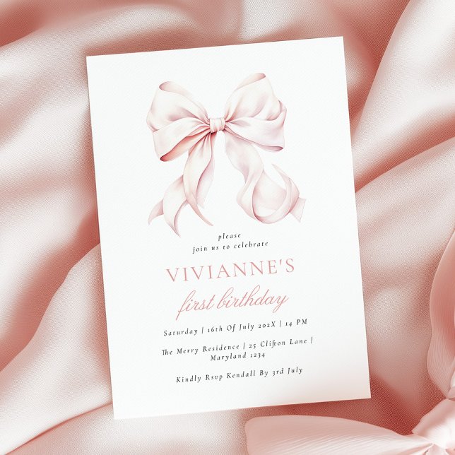 Flicka med rosa rosett ettårsdag inbjudningar (Skapare uppladdad)