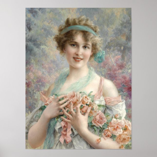 Flicka med rosor Finkonstporträtt Poster (Framsidan)