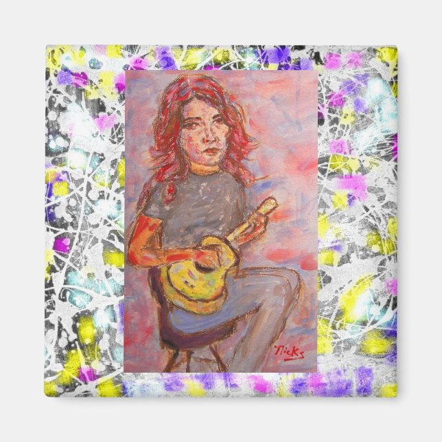 flicka med rött hår och ukulele magnet (Framsidan)
