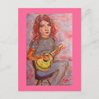 flicka med rött hår och ukulele vykort