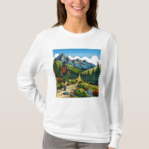 Flicka med ryggsäck som vandrar på en naturstig t shirt