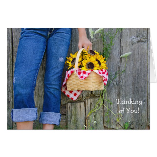 Flicka med solrosblomma basket hälsningskort (Framsidan Horizontal)