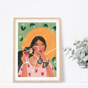 Flicka med sommarhatt solglasögon blommig tapet  poster