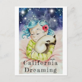 Flicka med sovande katt vykort