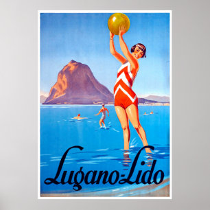 Flicka med strandboll på Luganosjön, Schweiz Poster