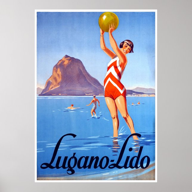 Flicka med strandboll på Luganosjön, Schweiz Poster (Framsidan)