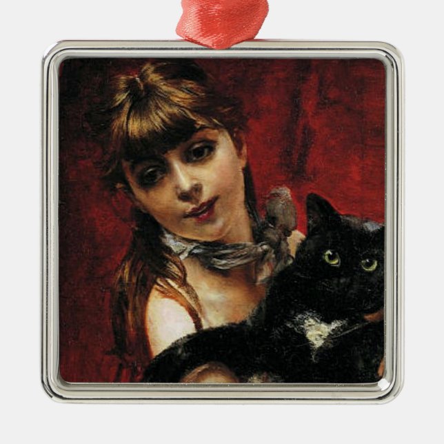 Flicka med svart katt i armarna julgransprydnad metall (Framsidan)