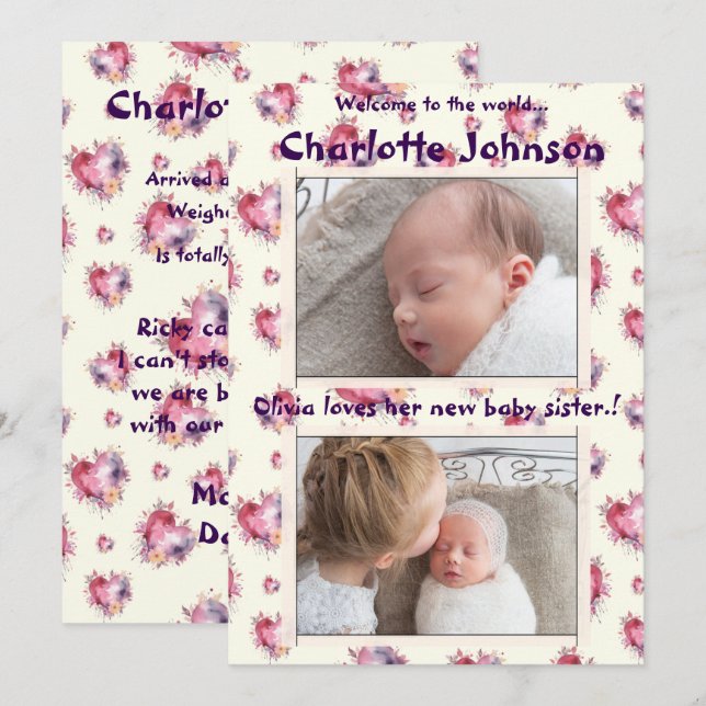 Flicka med Syskon nya ankomst Meddelande (Fram/baksida)