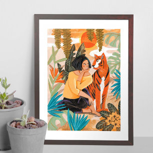 Flicka med tiger solnedgång djungel poster
