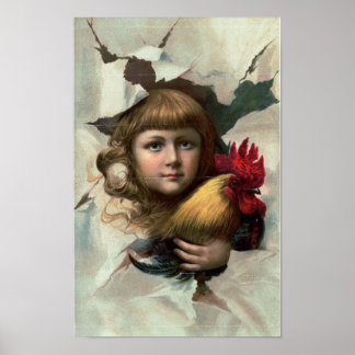 Flicka med Tupp "Tidigt Birds" - antika utskrifter Poster
