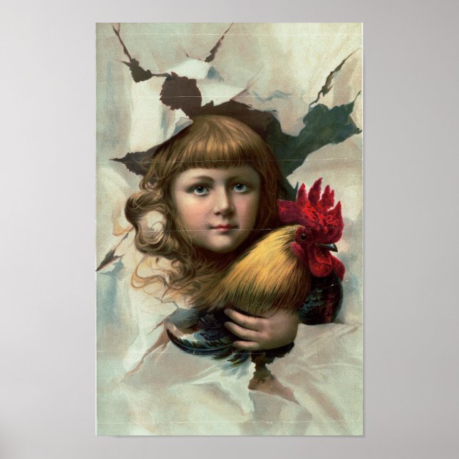 Flicka med Tupp "Tidigt Birds" - antika utskrifter Poster (Framsidan)