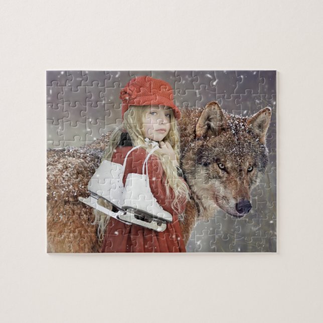 Flicka med varg och skridskor Vinterpussel Pussel (Horisontell)