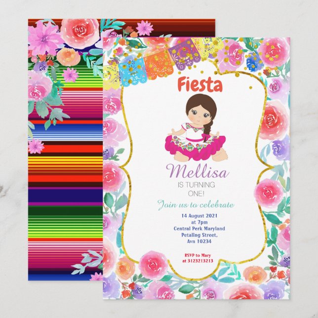 Flicka Mexikansk Rosa Födelsedagsfest Inbjudan Gul (Fram/baksida)