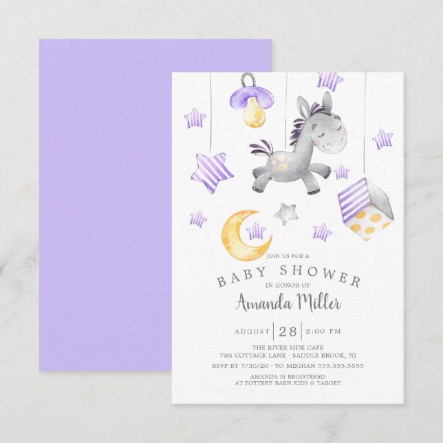 Flicka Mobile Pony Baby Shower Inbjudningar (Fram/baksida)