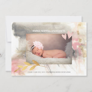 Flicka Modern Guld Grått Rosa Birth Meddelande